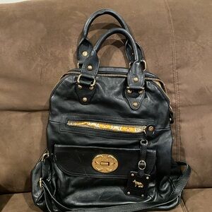 Emma Fox Black Leather Top-Handle Shoulder Bag with Gold Hardware